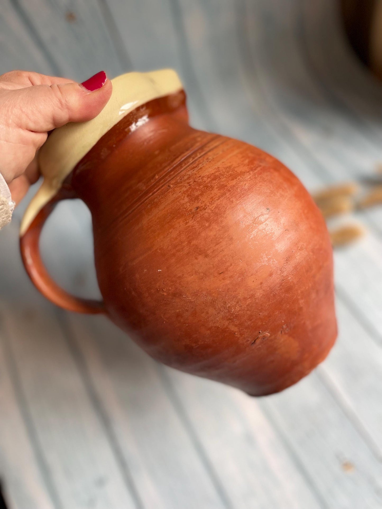 Antique Terracotta Pottery Jug / Pitcher with Slip Glazed Rim / Rustic Country Farmhouse Vase