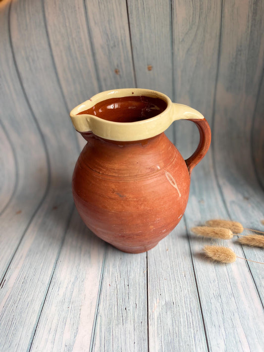 Antique Terracotta Pottery Jug / Pitcher with Slip Glazed Rim / Rustic Country Farmhouse Vase