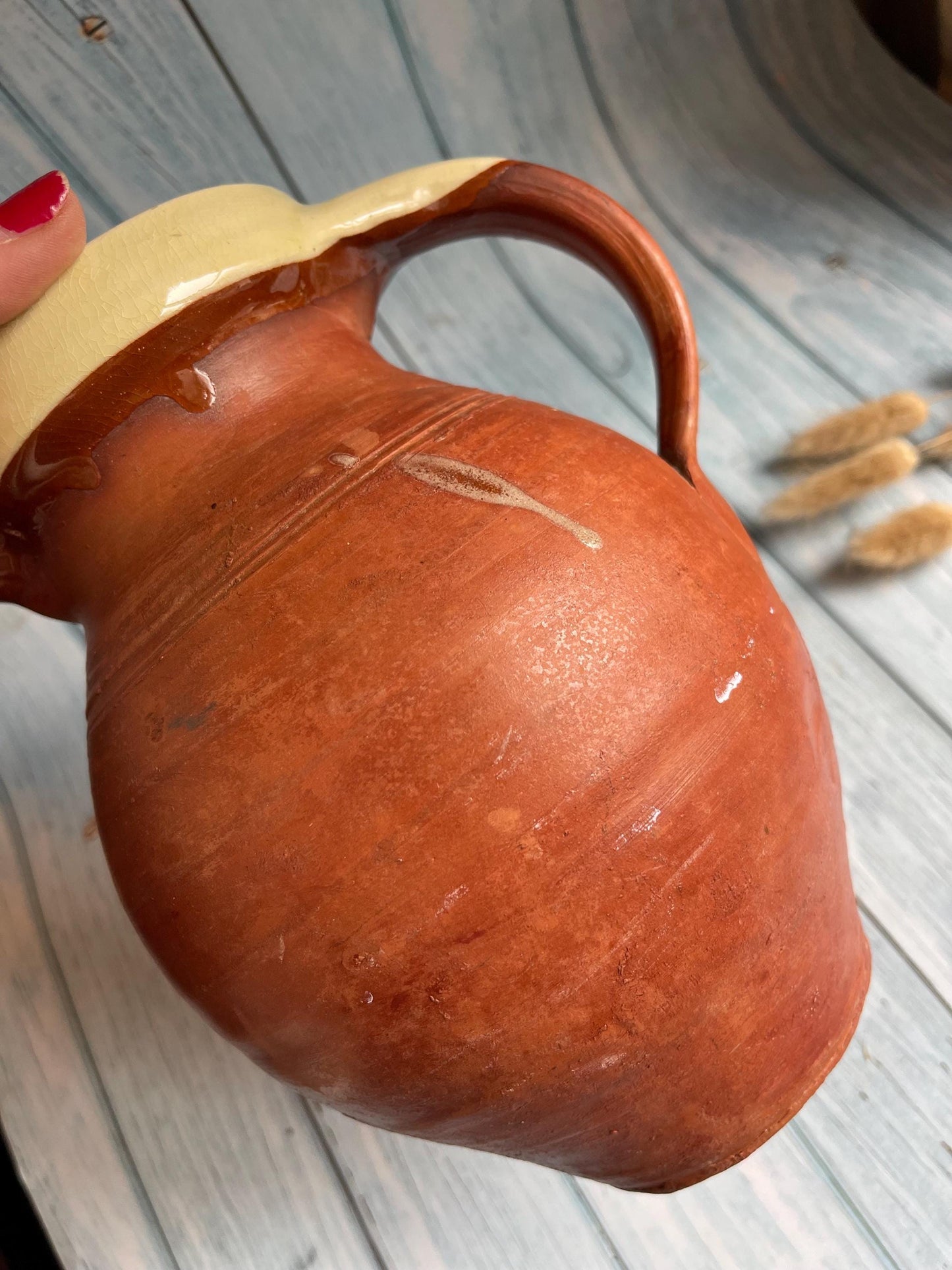 Antique Terracotta Pottery Jug / Pitcher with Slip Glazed Rim / Rustic Country Farmhouse Vase