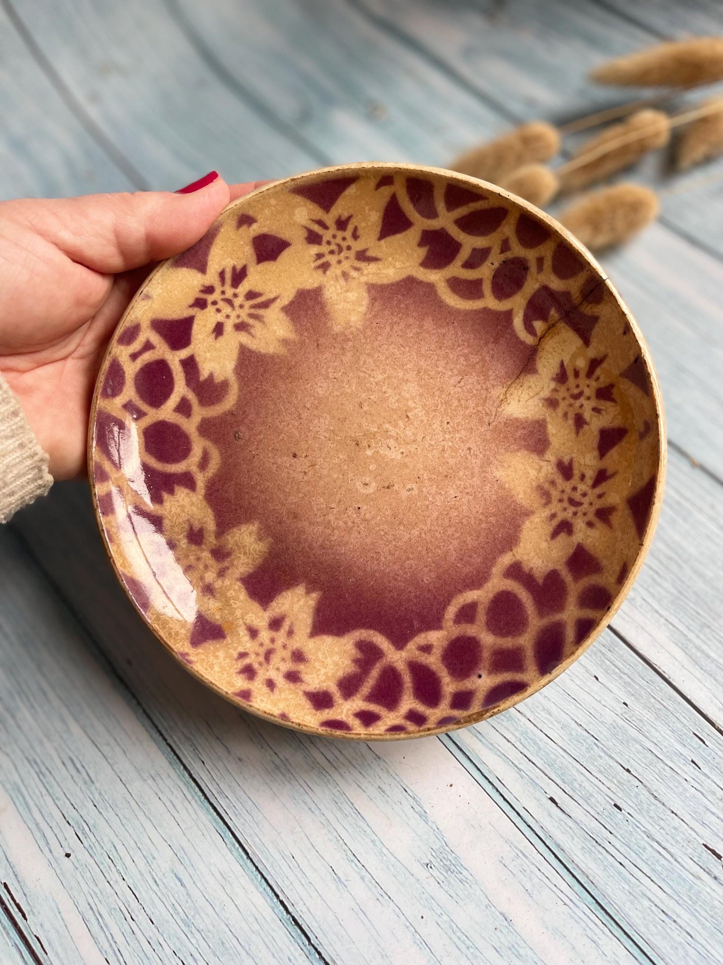 Antique 19th Century French Small Terre de Fer Burgundy Plate with Stencil Floral Design