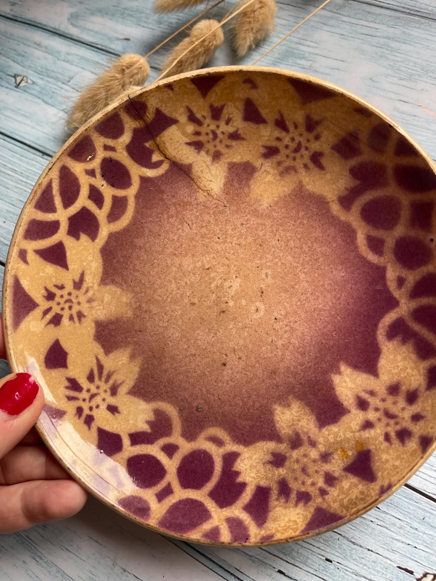 Antique 19th Century French Small Terre de Fer Burgundy Plate with Stencil Floral Design