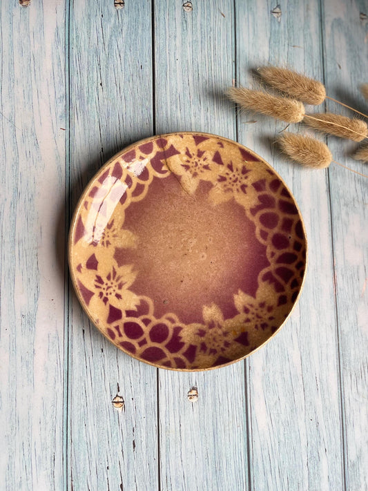 Antique 19th Century French Small Terre de Fer Burgundy Plate with Stencil Floral Design