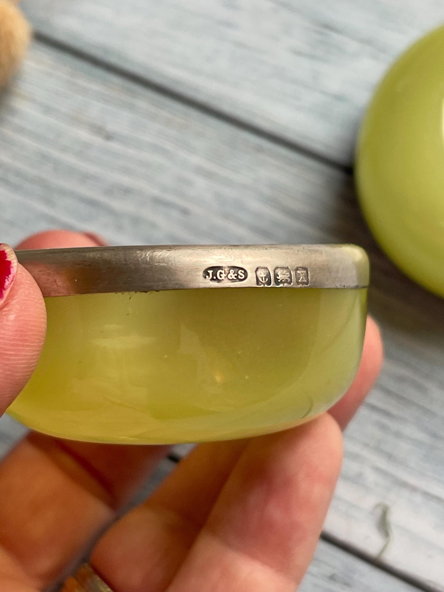 Antique 1920 John Grinsell & Sons Green Glass Salts with Silver Rims / Birmingham Hallmark Pair