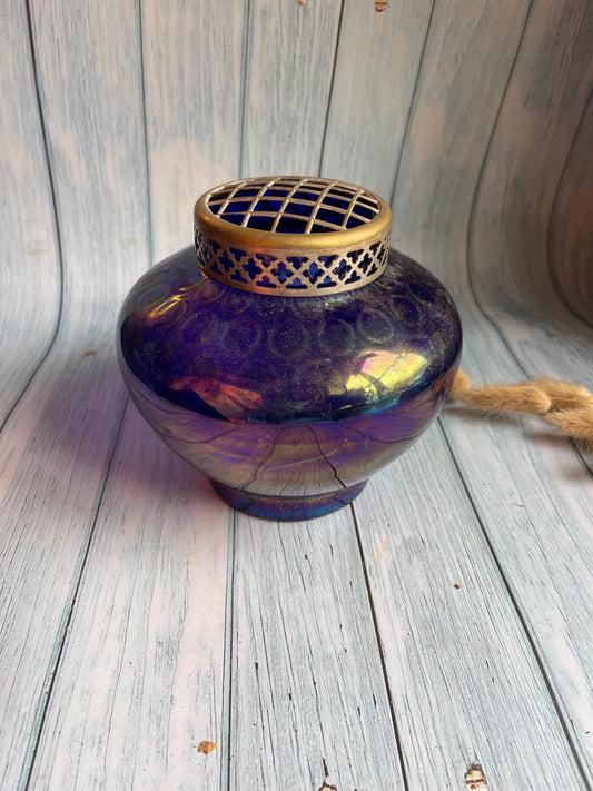 Vintage Blue Lustre Glass Posy Bowl with Ornate Silver Plated Grill Lid