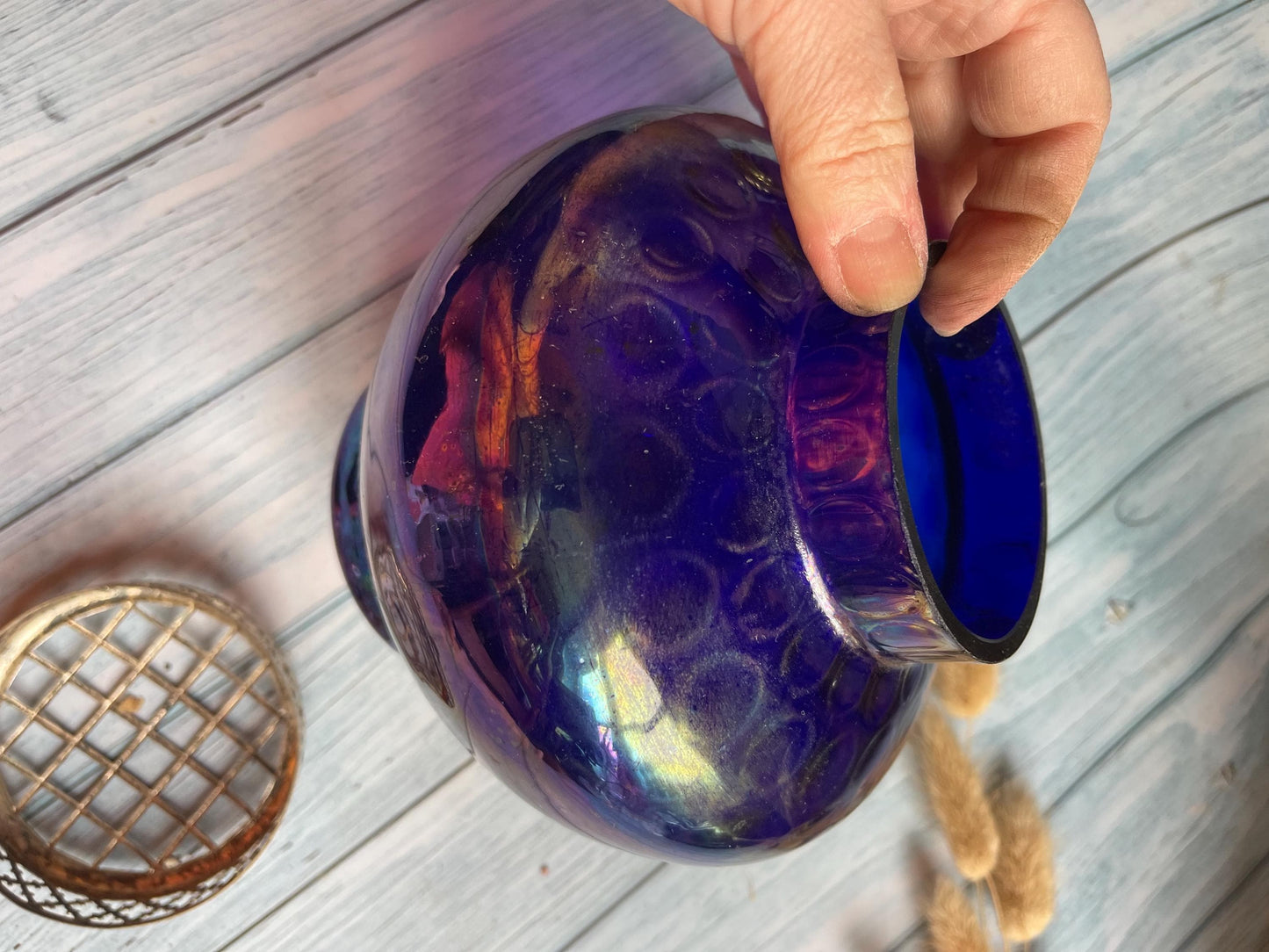 Vintage Blue Lustre Glass Posy Bowl with Ornate Silver Plated Grill Lid