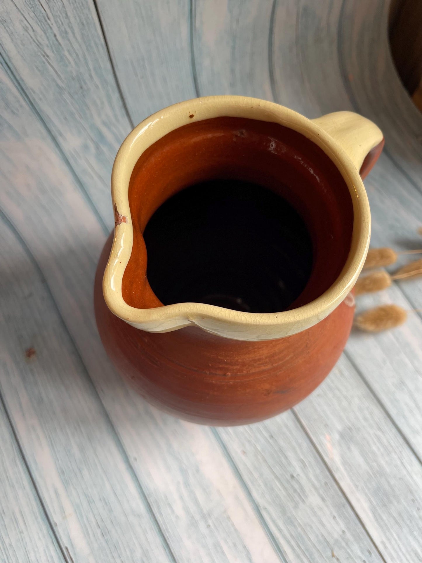 Antique Terracotta Pottery Jug / Pitcher with Slip Glazed Rim / Rustic Country Farmhouse Vase