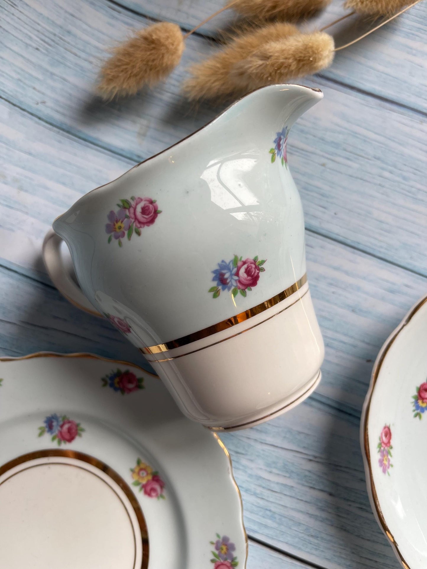 Colclough Tea Trio & Creamer Jug – Pattern CLC67 – Pale Blue / White with Roses