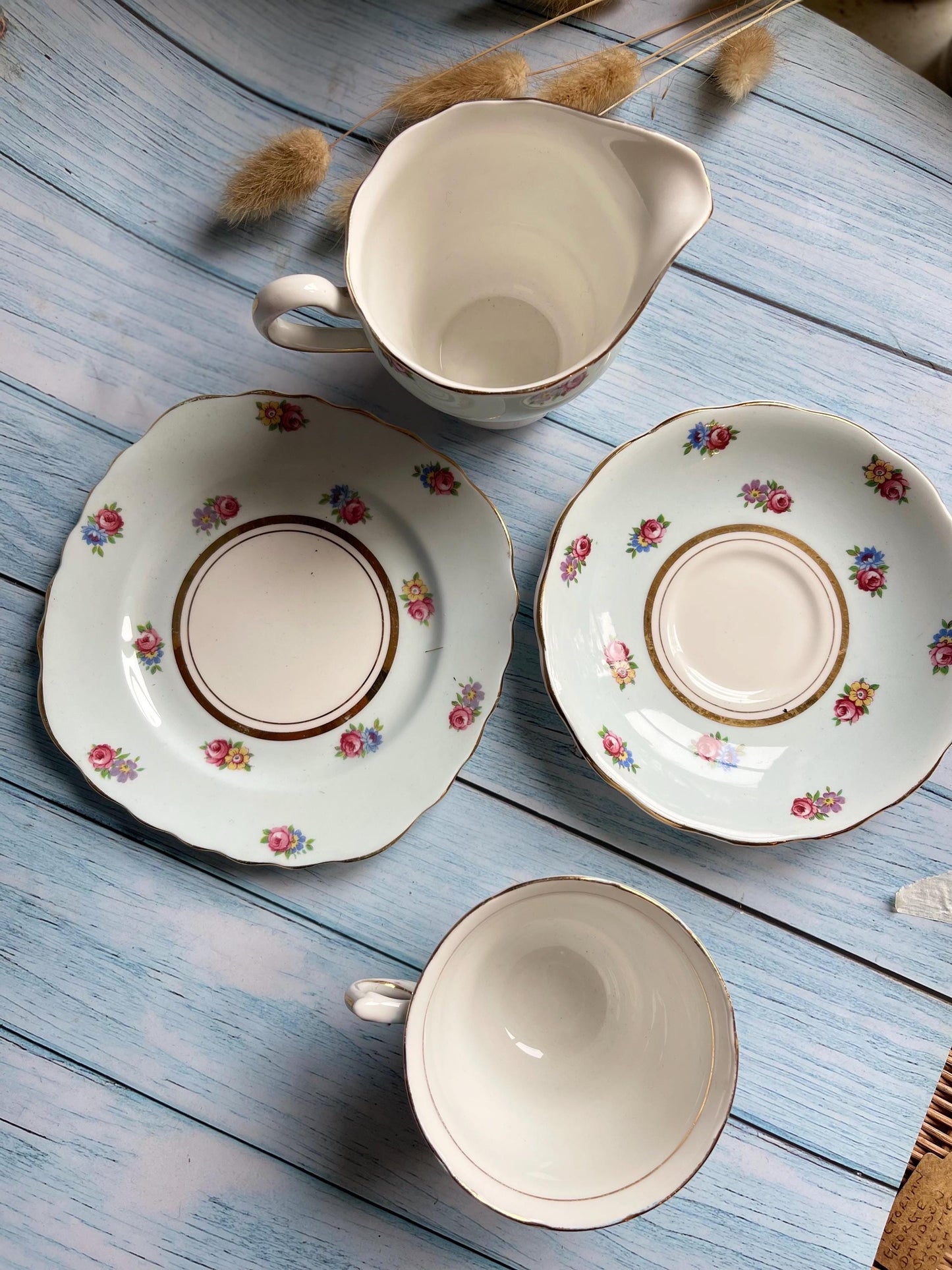 Colclough Tea Trio & Creamer Jug – Pattern CLC67 – Pale Blue / White with Roses