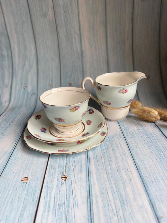 Colclough Tea Trio & Creamer Jug – Pattern CLC67 – Pale Blue / White with Roses