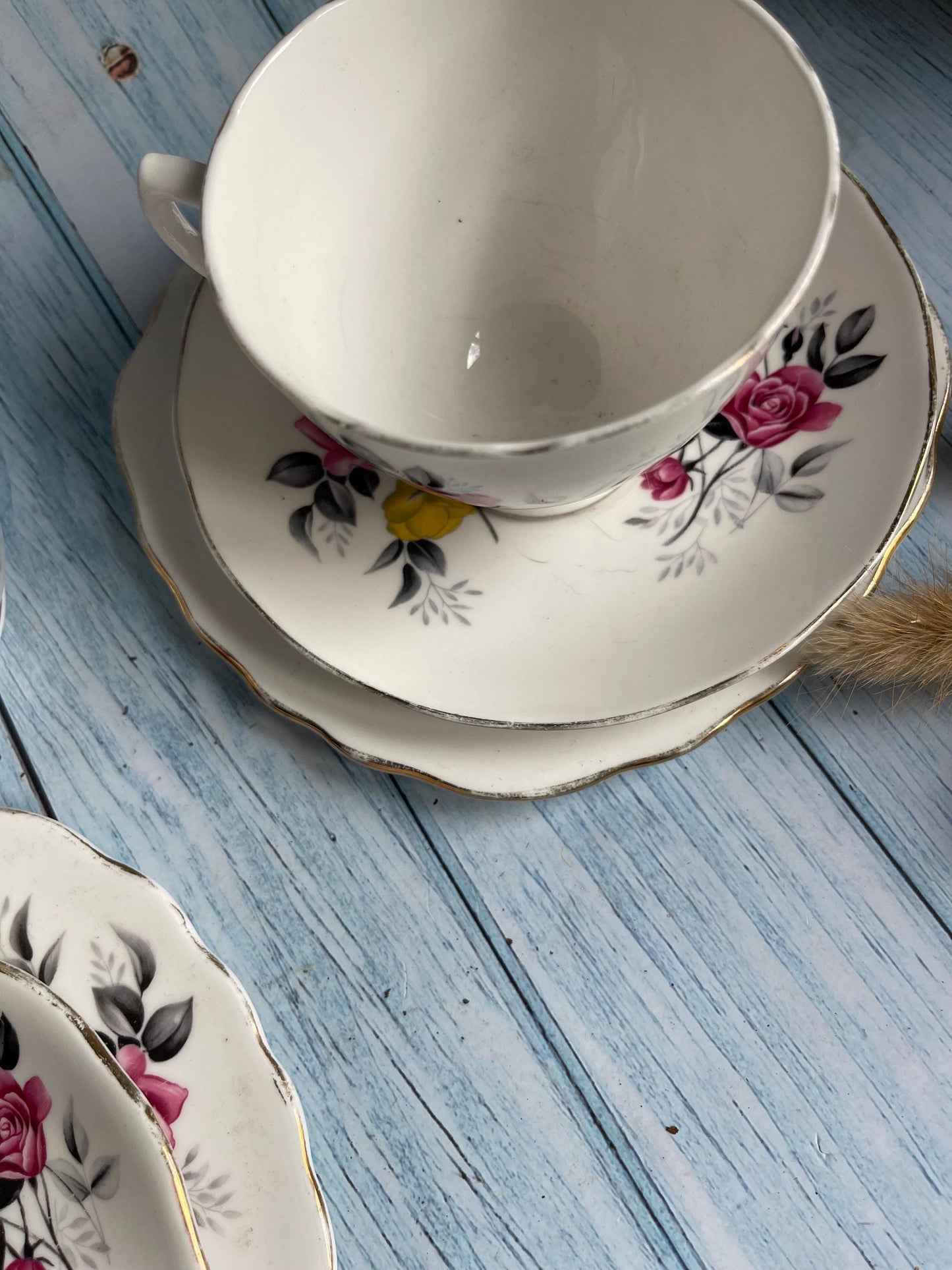 Vintage Royal Vale Tea Set: Pink Rose Trio & Cream Jug, Fine Bone China