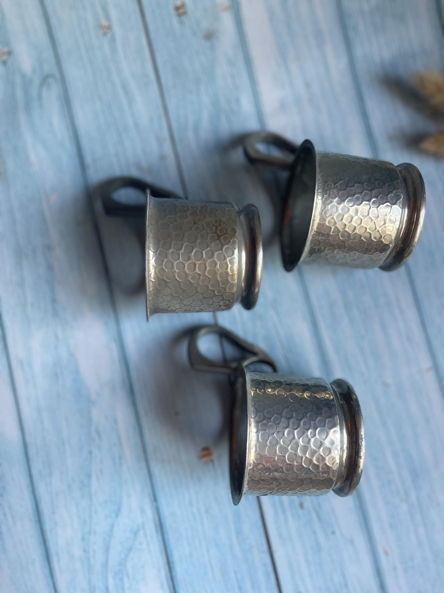 Set of Three Vintage Hammered Pewter Tea Glass or Cup Holders