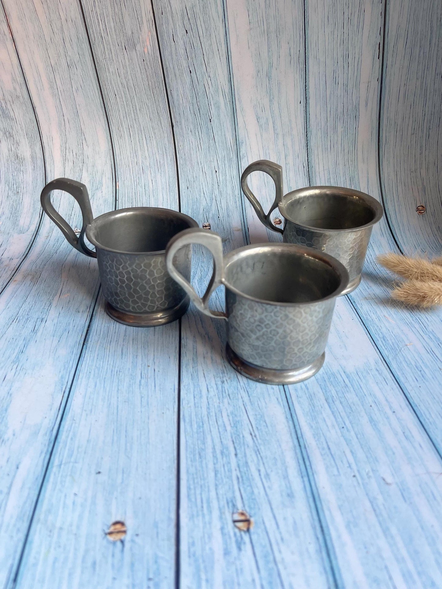 Set of Three Vintage Hammered Pewter Tea Glass or Cup Holders