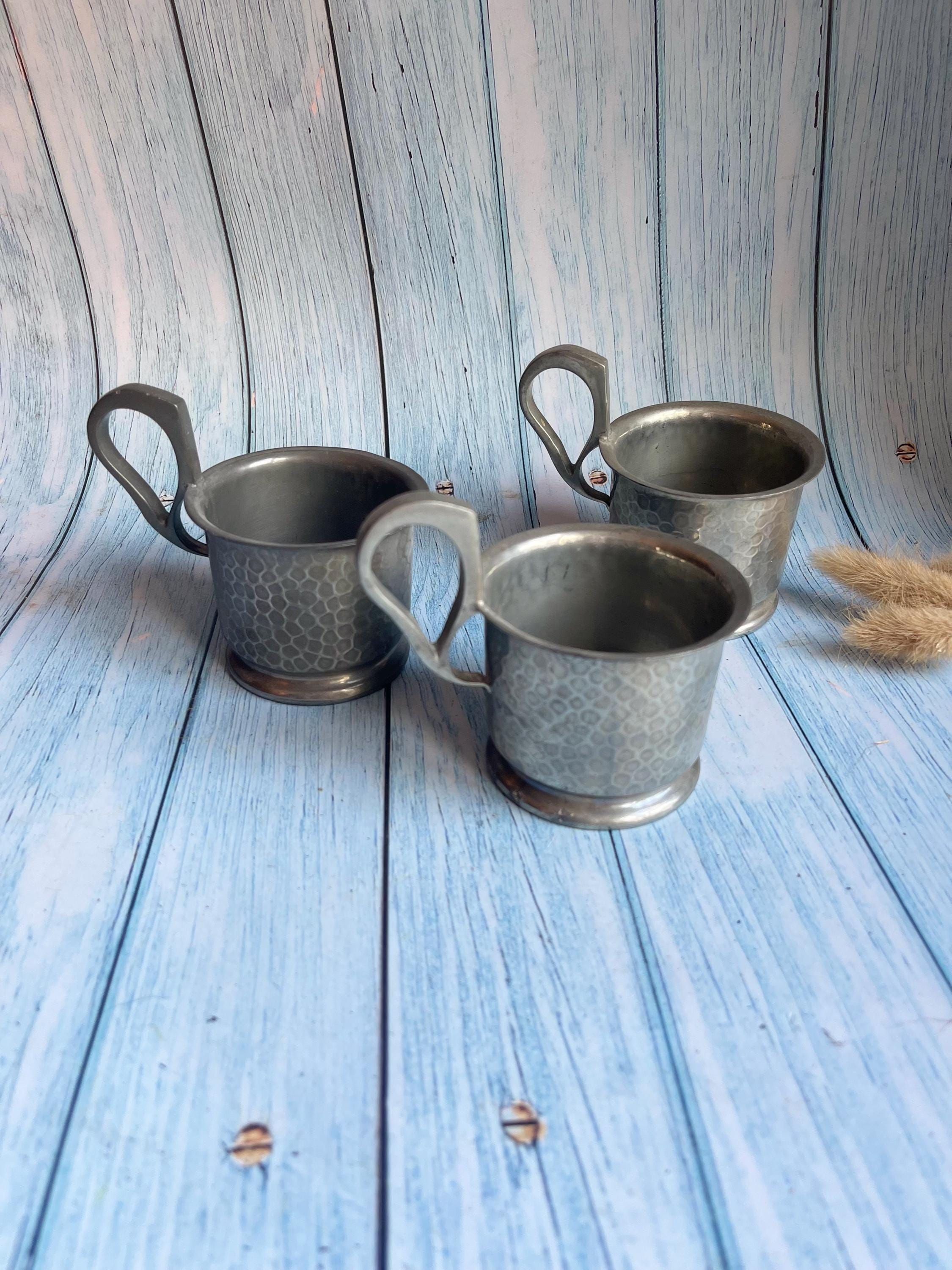 Set of Three Vintage Hammered Pewter Tea Glass or Cup Holders