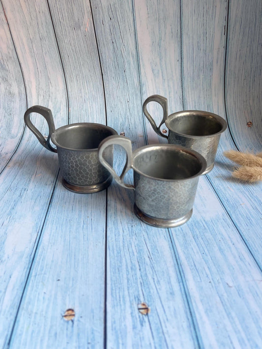 Set of Three Vintage Hammered Pewter Tea Glass or Cup Holders
