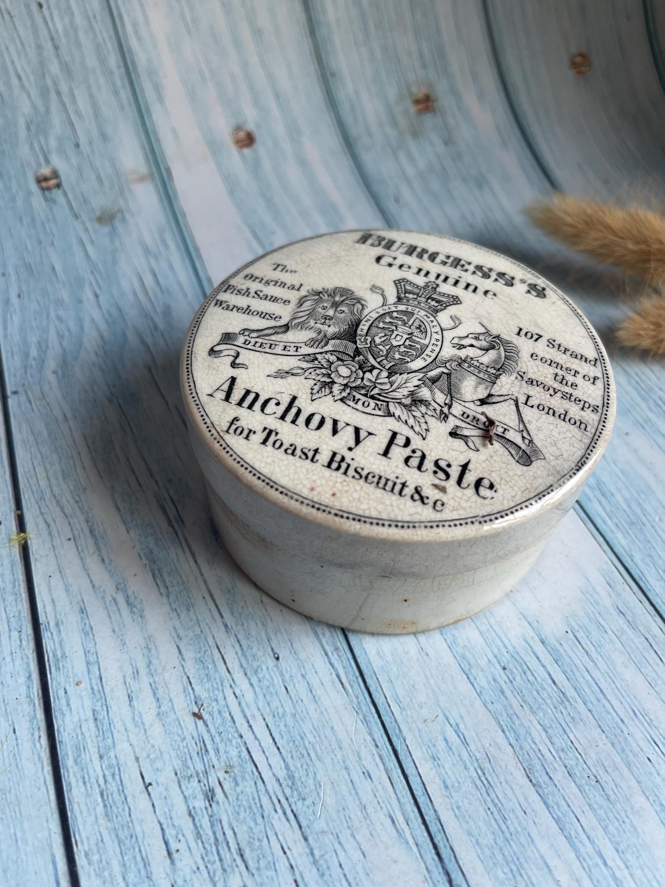 Victorian Ironstone Burgess’s London Anchovy Paste Pot & Lid – 1880s