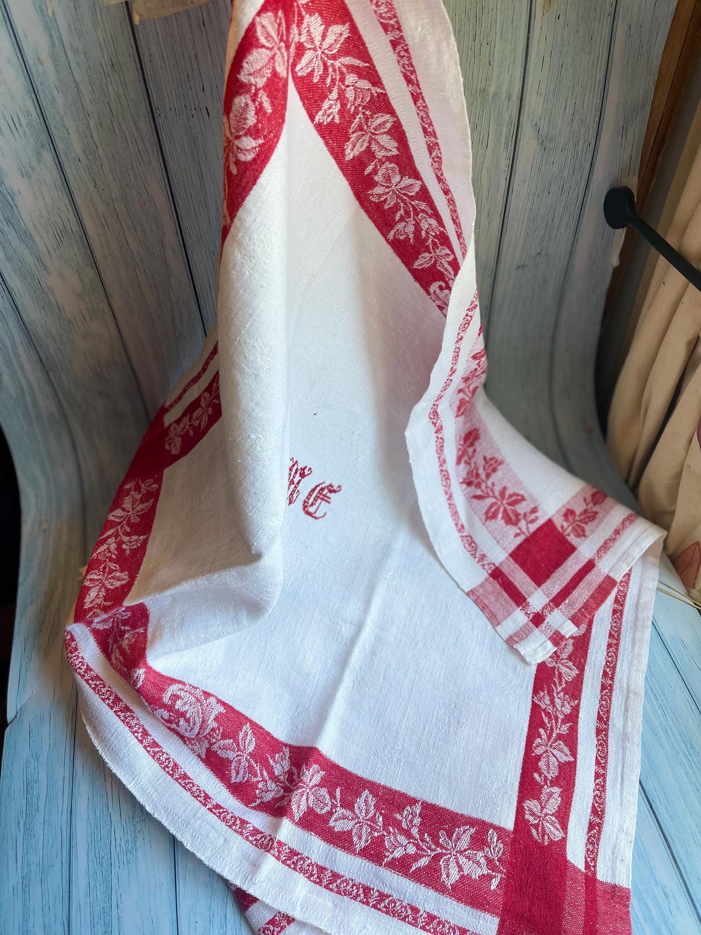 Pair of Vintage French Monogrammed Red and White Linen Torchons / Kitchen Towels