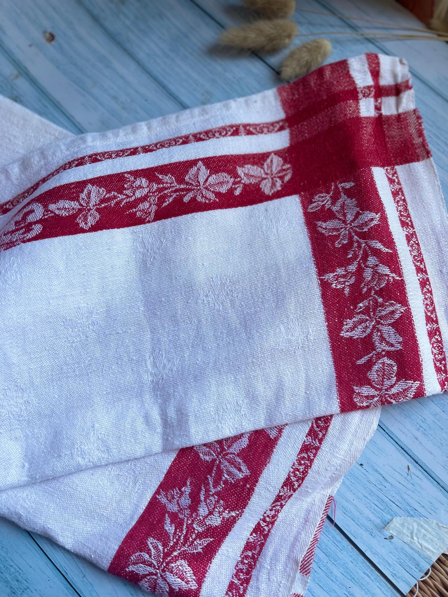 Pair of Vintage French Monogrammed Red and White Linen Torchons / Kitchen Towels