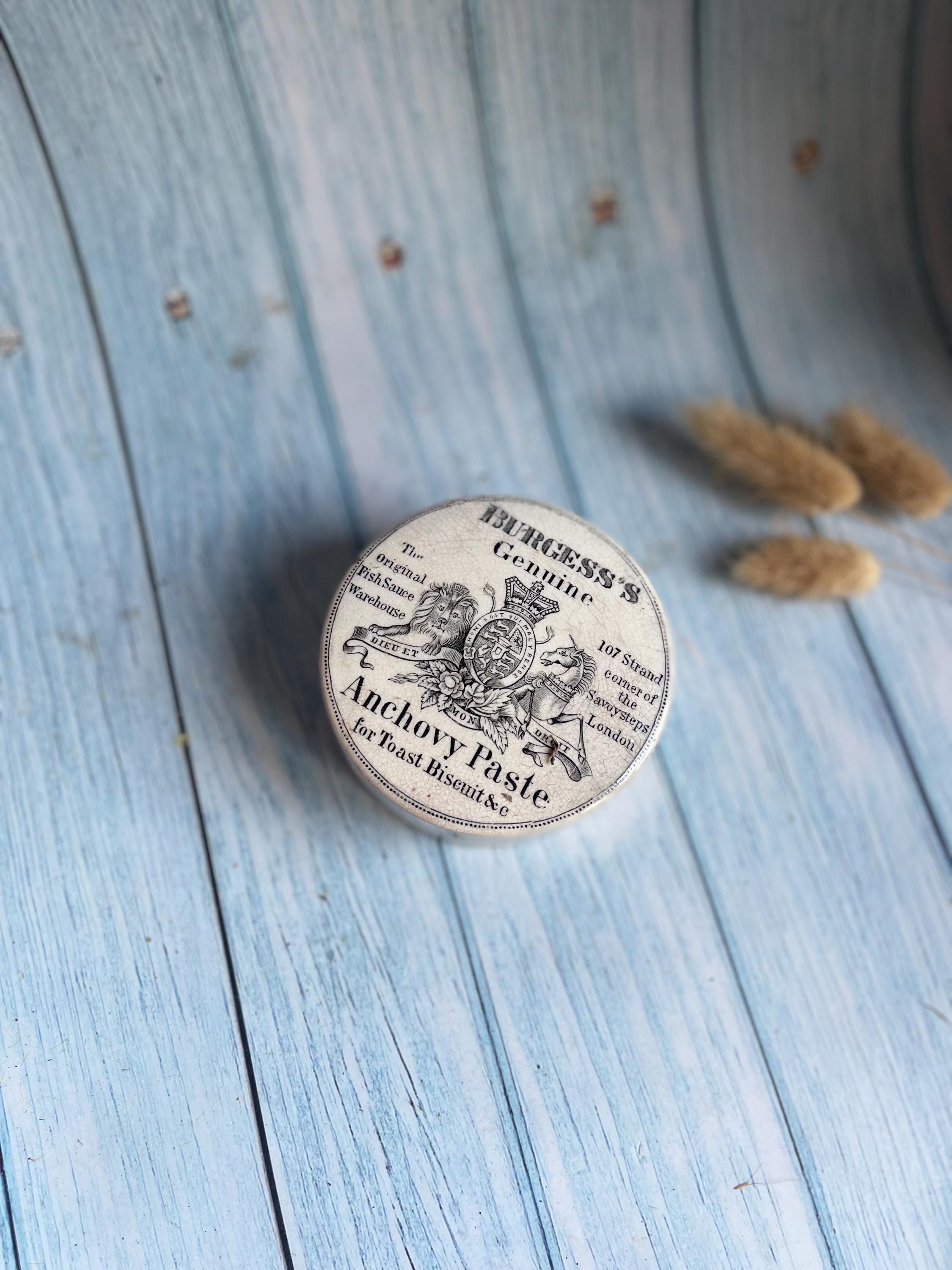 Victorian Ironstone Burgess’s London Anchovy Paste Pot & Lid – 1880s