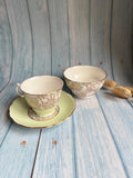 Royal Vale Tea Cup, Saucer & Sugar Bowl – Pale Green, White/Gold Chintz (Pattern 7392)  1940s Vintage Bone China