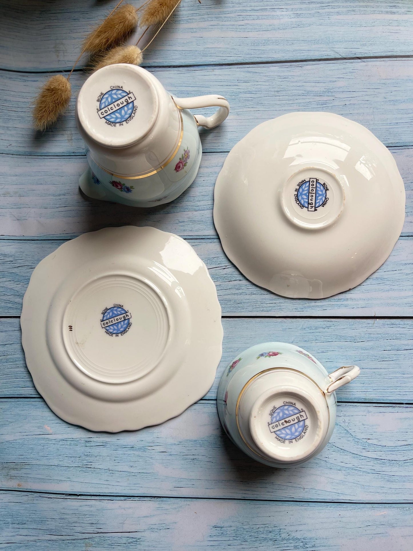 Colclough Tea Trio & Creamer Jug – Pattern CLC67 – Pale Blue / White with Roses
