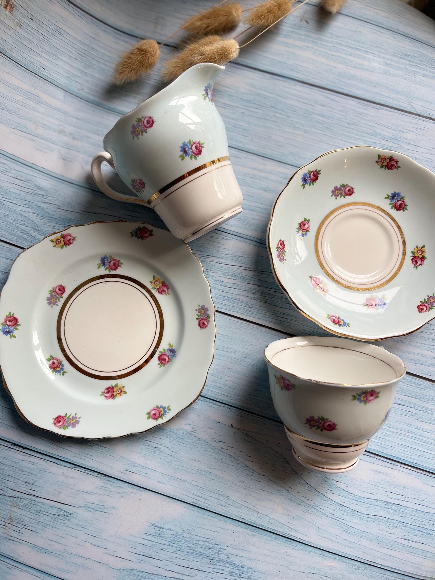 Colclough Tea Trio & Creamer Jug – Pattern CLC67 – Pale Blue / White with Roses