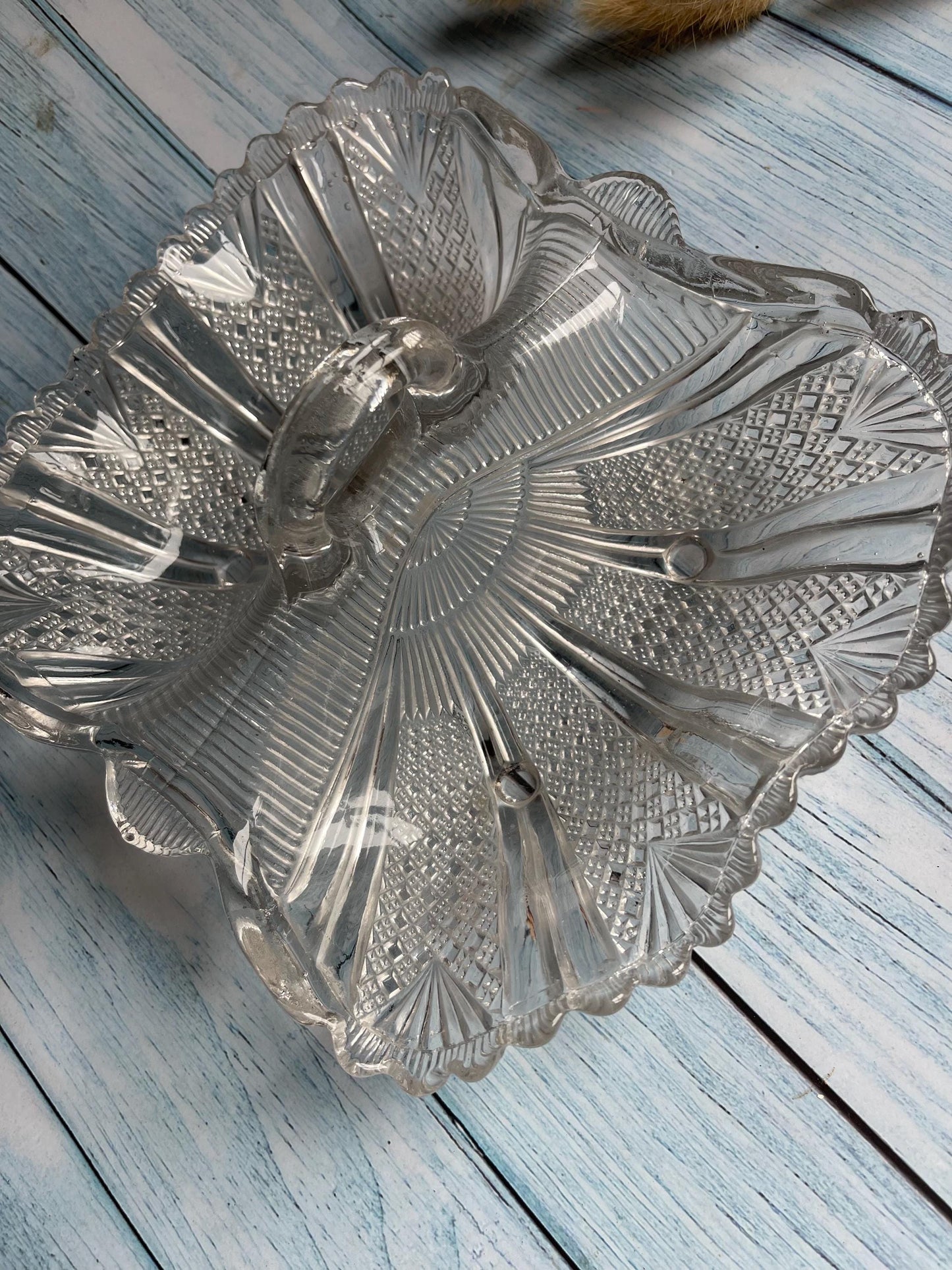 Antique Victorian Davidson Glass Sweet Meat Dish, Two Sections with Handle