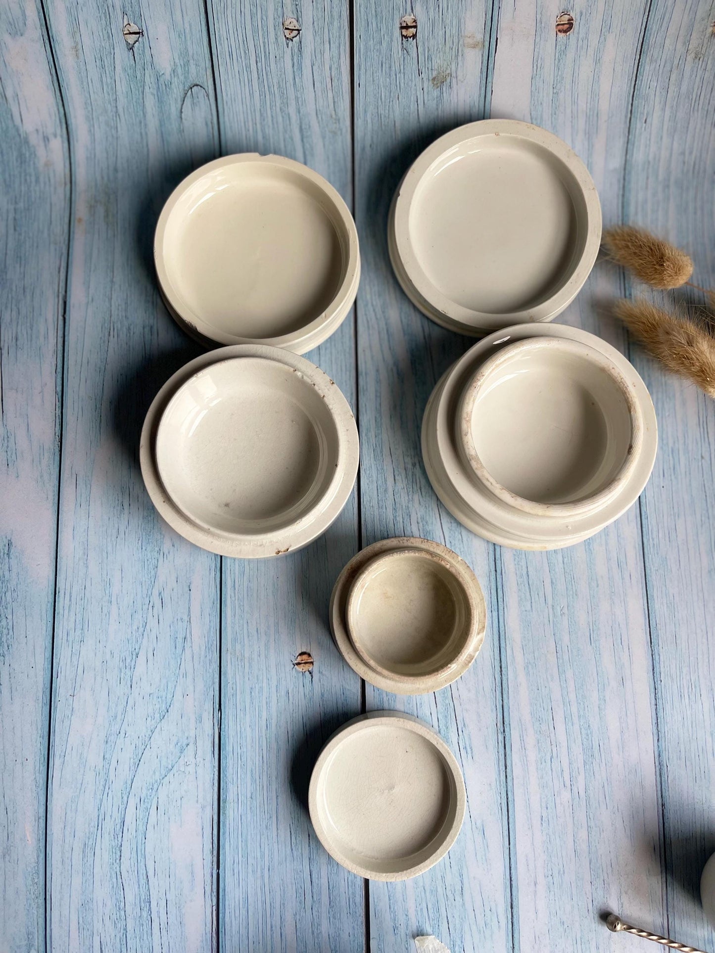 Victorian Ironstone Ointment Apothecary Round Pots with Lids