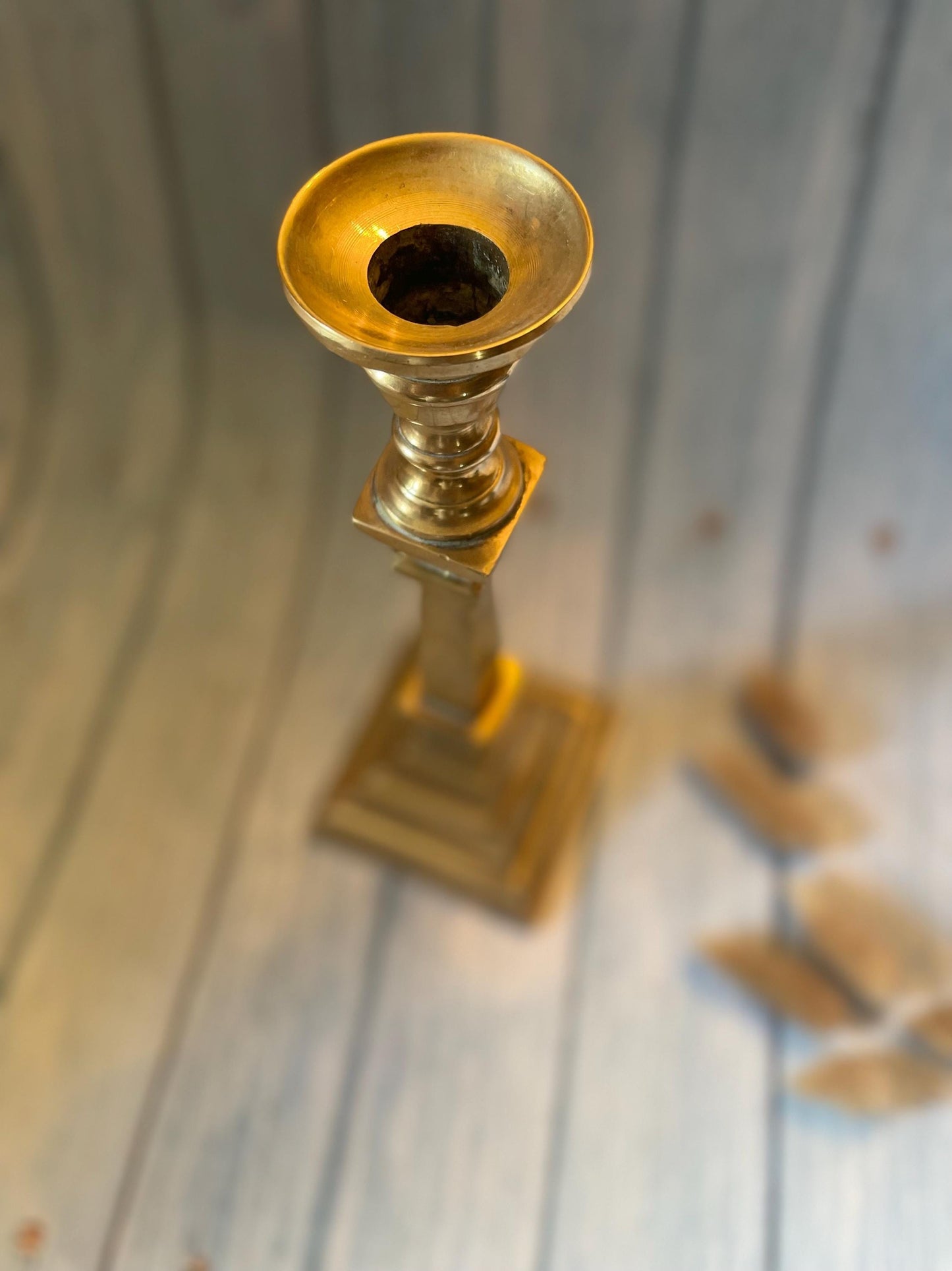 Victorian Brass Square Base Stepped Column Candlestick with Pusher