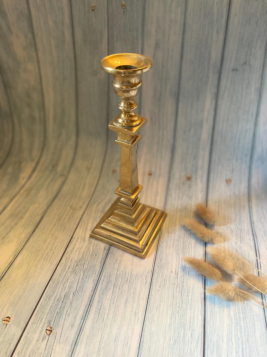Victorian Brass Square Base Stepped Column Candlestick with Pusher