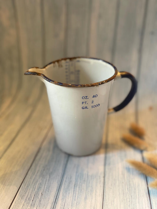 Vintage Chippy Enamel Measuring Jug: Rustic Blue and White Vase