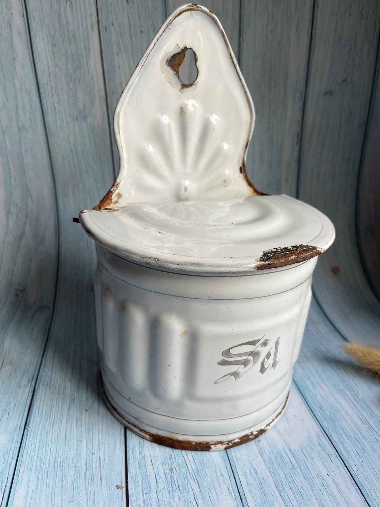 Classic French Antique Enamel Faded Silver and White Chippy Salt Cellar / Wall Hanging Sel