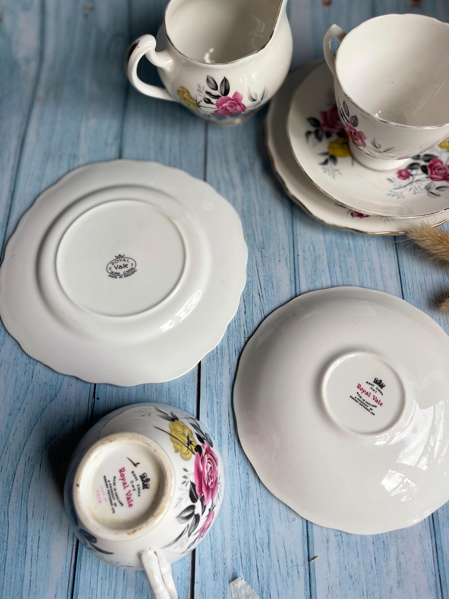 Vintage Royal Vale Tea Set: Pink Rose Trio & Cream Jug, Fine Bone China