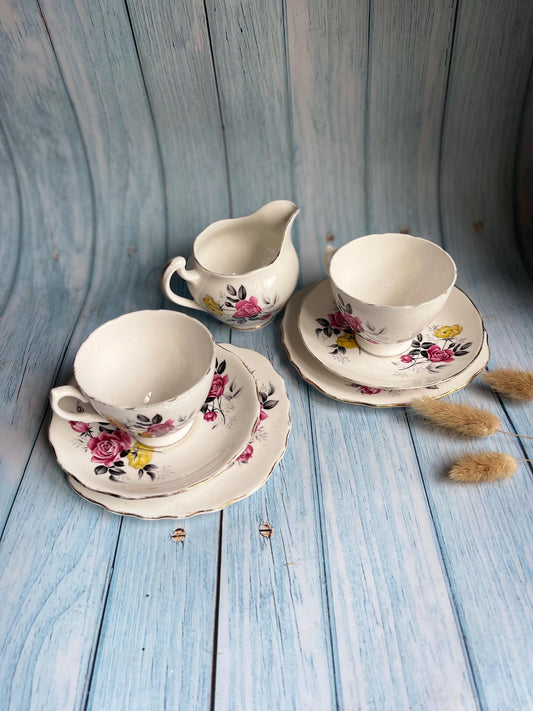 Vintage Royal Vale Tea Set: Pink Rose Trio & Cream Jug, Fine Bone China