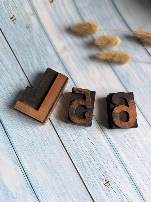 Set of Three Vintage Wooden Print Blocks / 5 6 and L