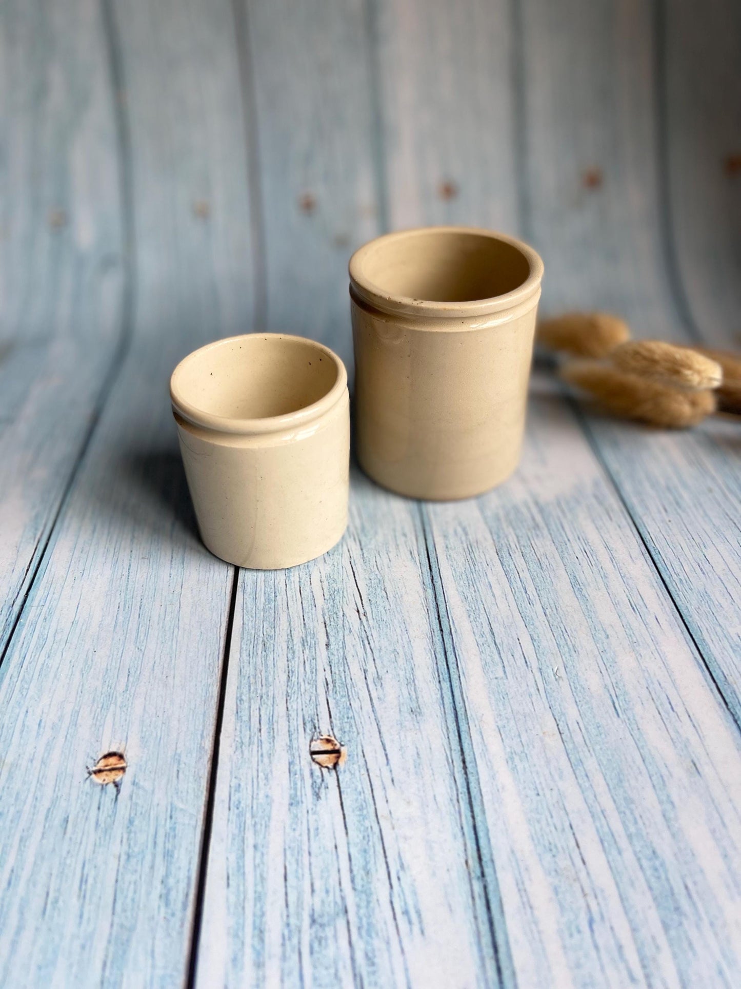 Antique French Ironstone Apothecary Pots: Creamy Ointment Jars (Set of Two)