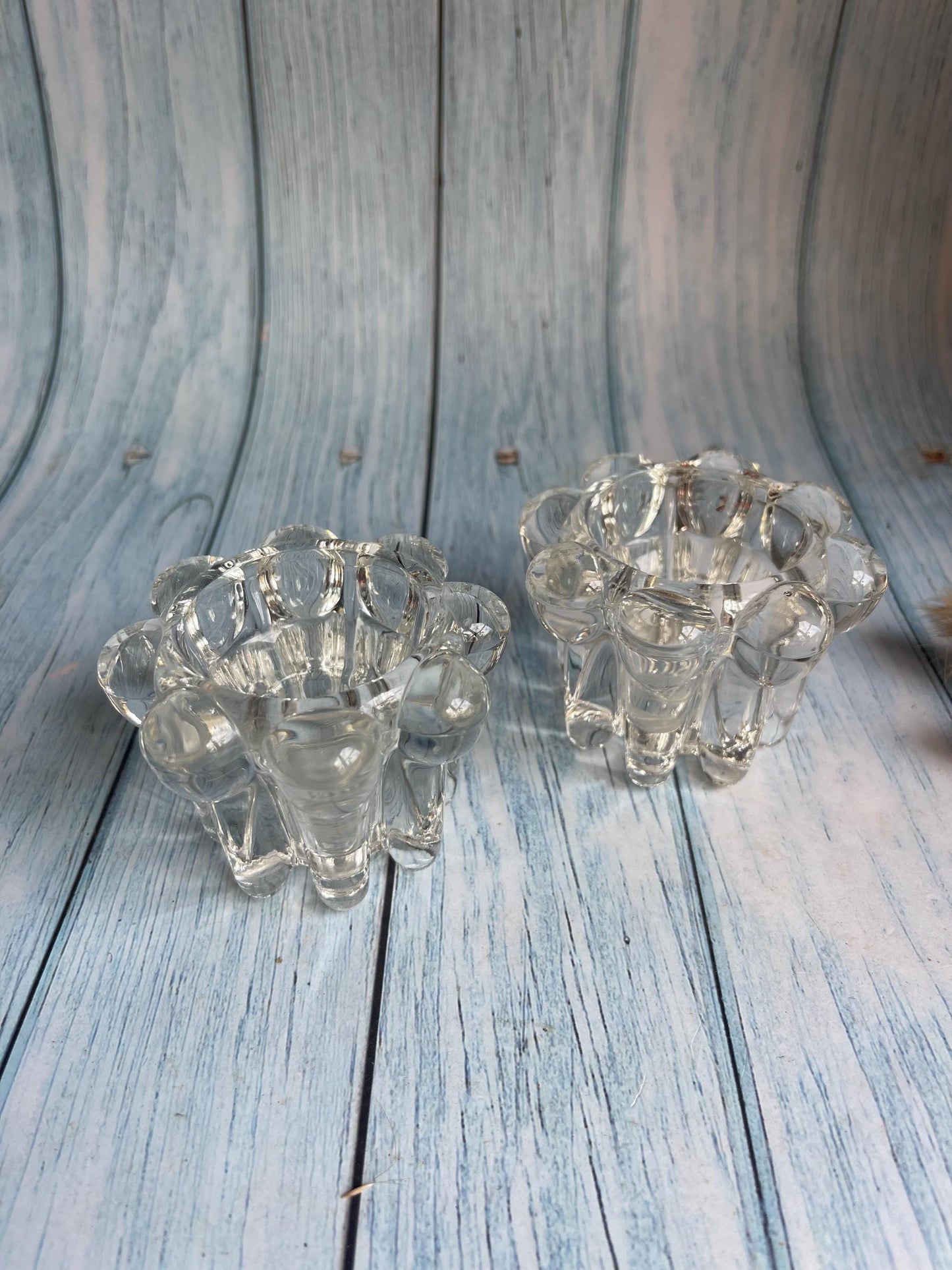 Pair of Reims France Clear Glass Votive / Taper Candle Holders — Beaded Edge