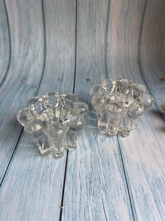 Pair of Reims France Clear Glass Votive / Taper Candle Holders — Beaded Edge