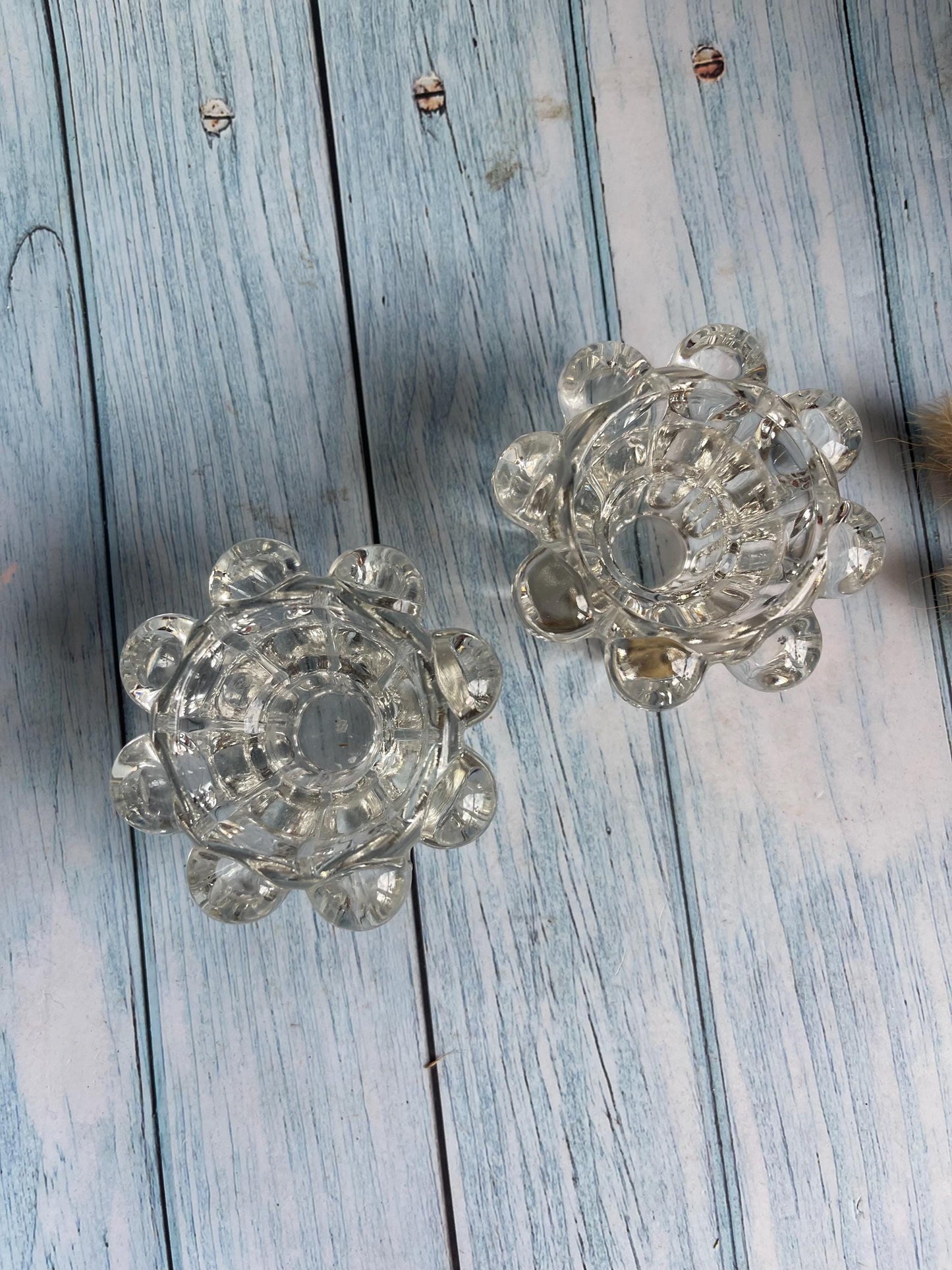 Pair of Reims France Clear Glass Votive / Taper Candle Holders — Beaded Edge