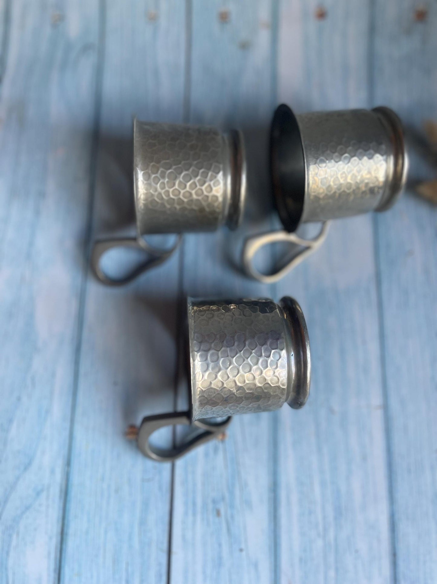 Set of Three Vintage Hammered Pewter Tea Glass or Cup Holders
