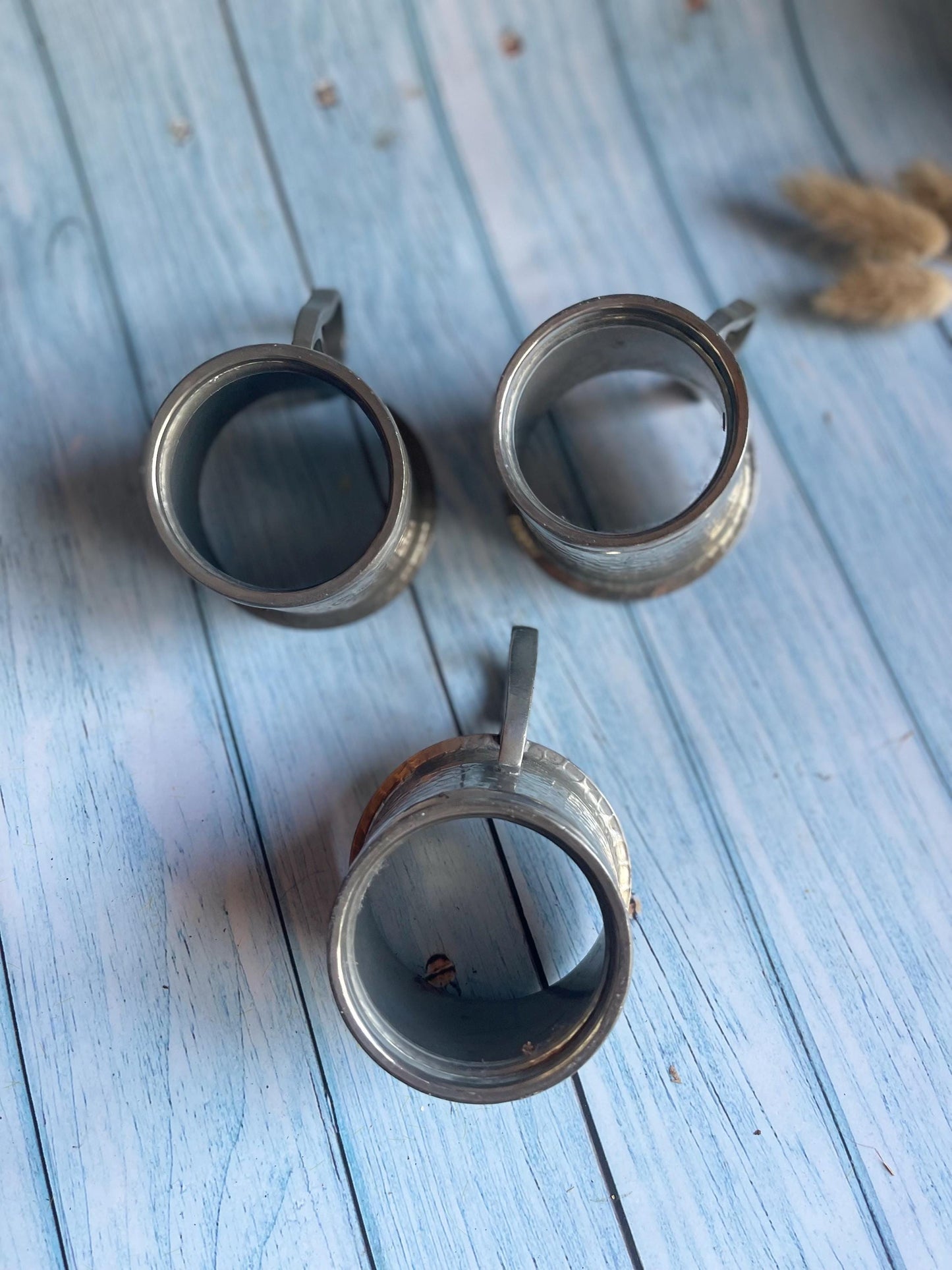 Set of Three Vintage Hammered Pewter Tea Glass or Cup Holders