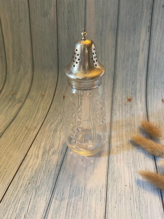 Vintage Cut Glass Sugar Sifter with EPNS Pierced Lid and Decorative Finial