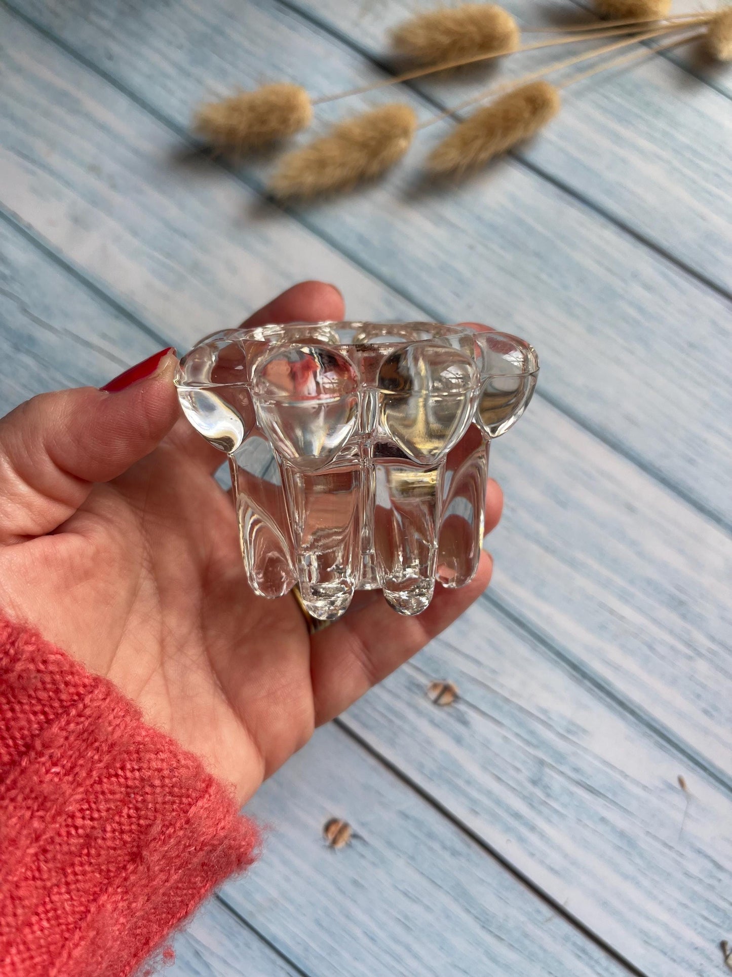 Pair of Reims France Clear Glass Votive / Taper Candle Holders — Beaded Edge