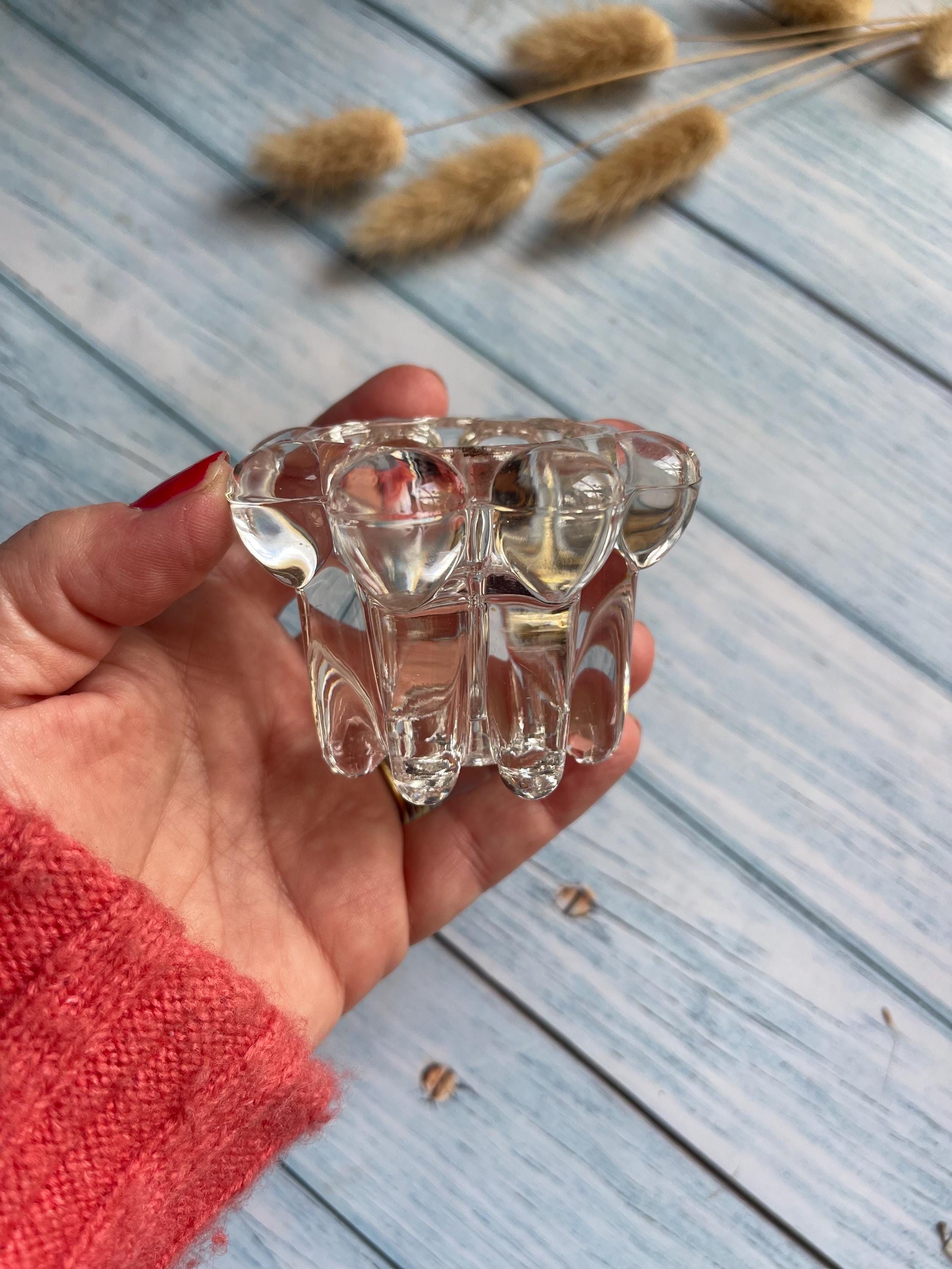 Pair of Reims France Clear Glass Votive / Taper Candle Holders — Beaded Edge
