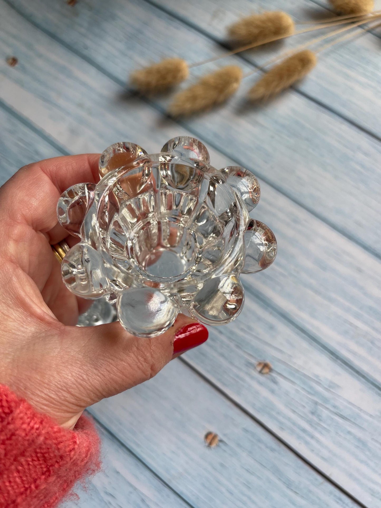 Pair of Reims France Clear Glass Votive / Taper Candle Holders — Beaded Edge