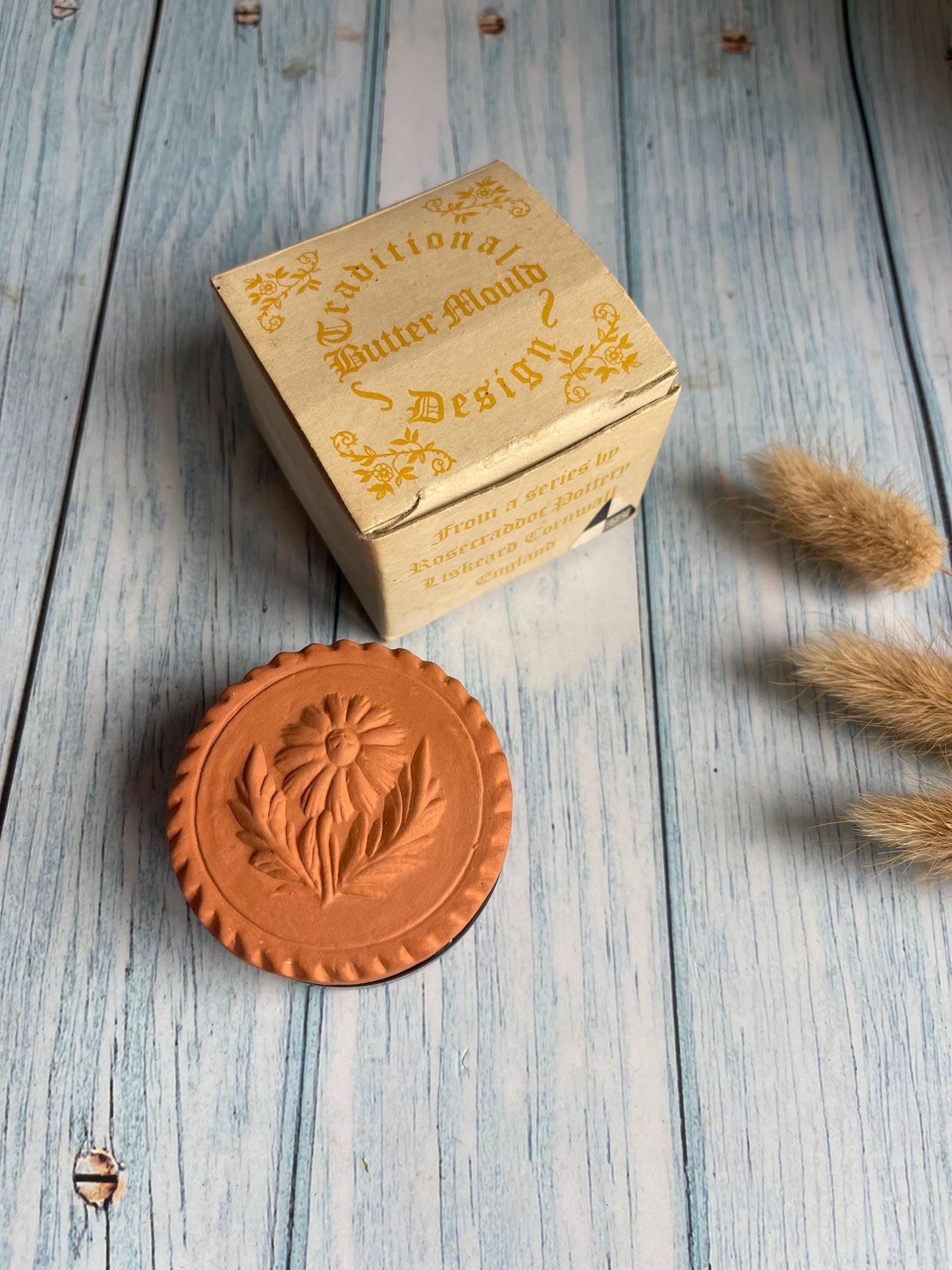 Vintage Flower Design Terracotta Butter Mould Made by Rosecraddoc Pottery, Liskeard, Cornwall, England in Original Box