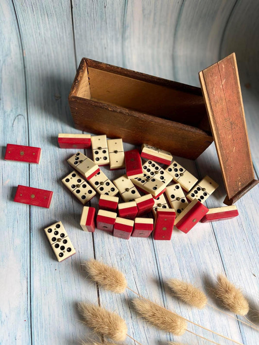 Antique French Bakelite & Brass Dominoes – Rare Red and White – Original Wooden Box