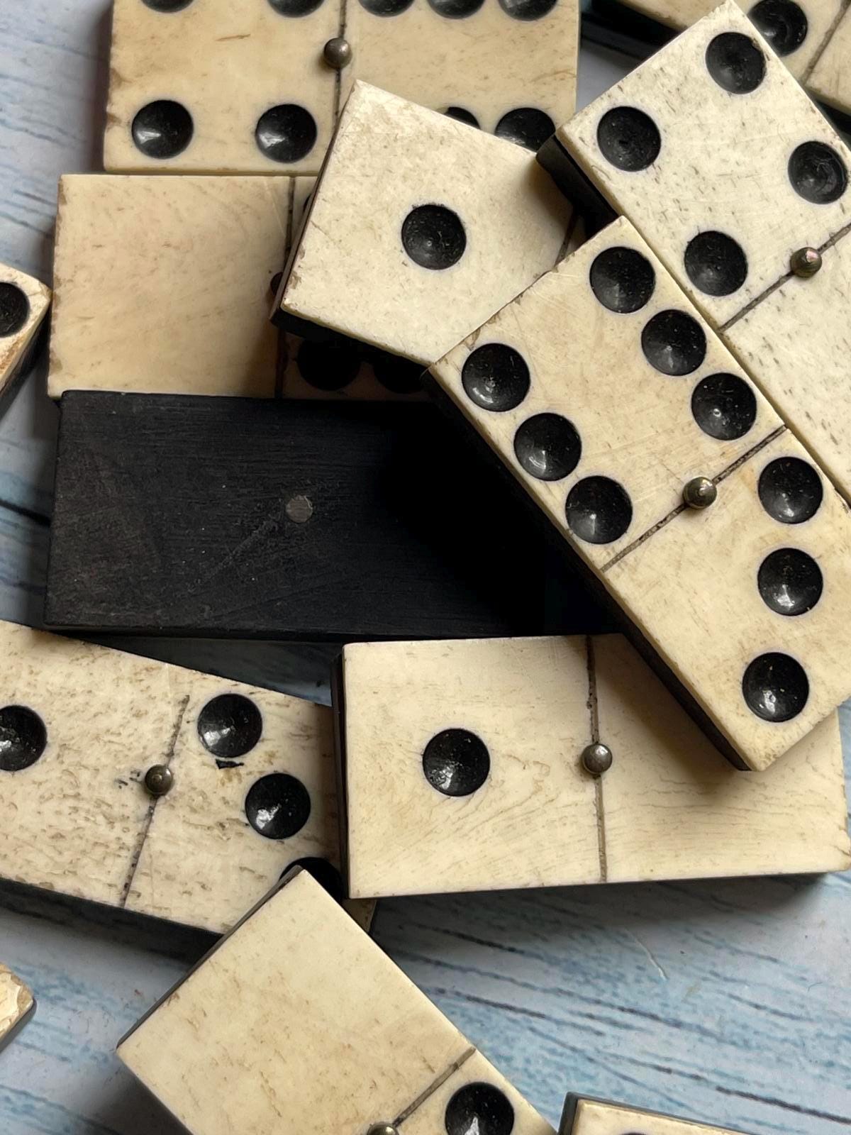 Antique French Bone & Ebony Dominoes – Set of 28 with Brass Pegs – Original Wooden Box