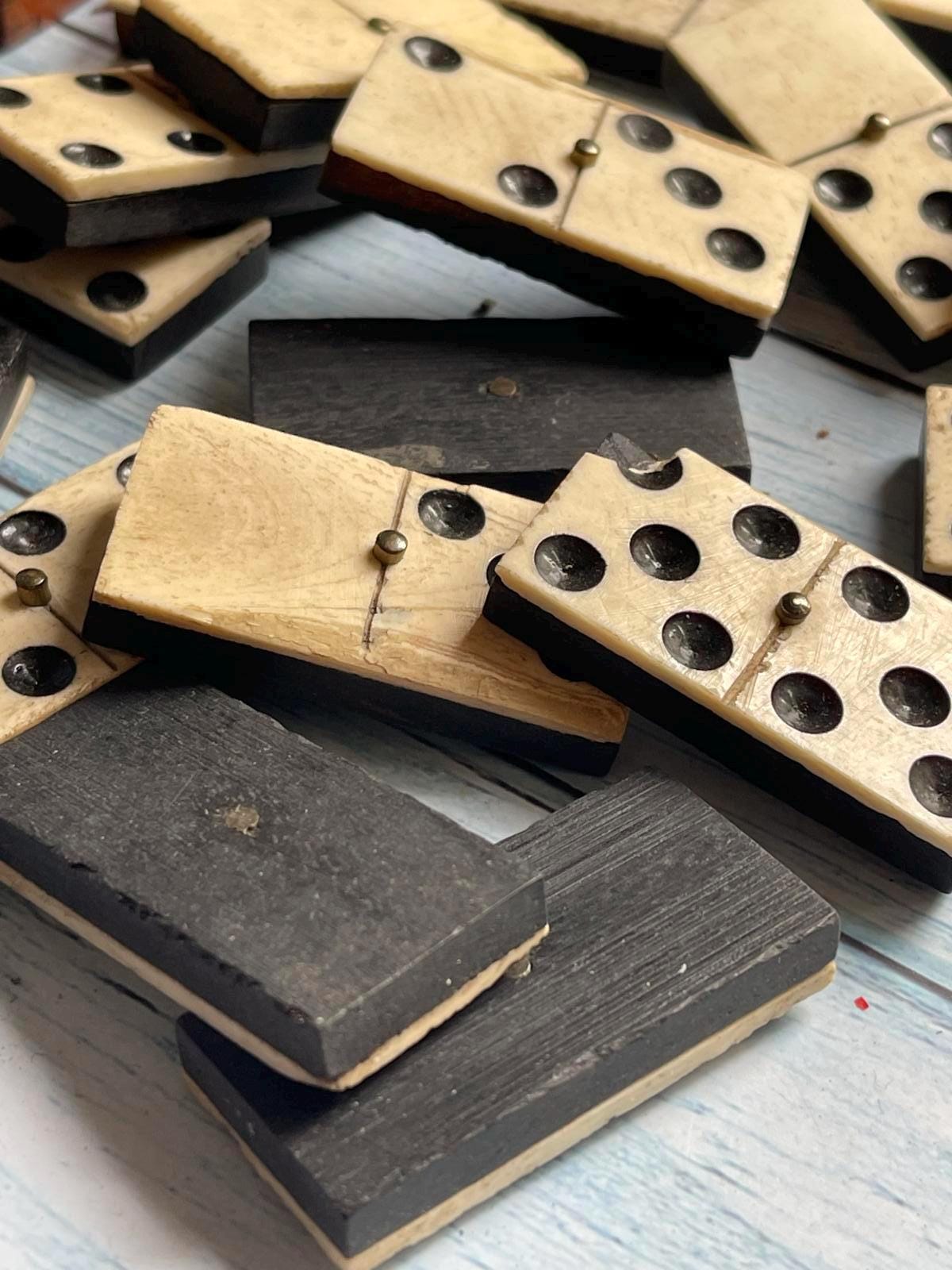 Antique French Bone & Ebony Dominoes – Set of 28 with Brass Pegs – Original Wooden Box