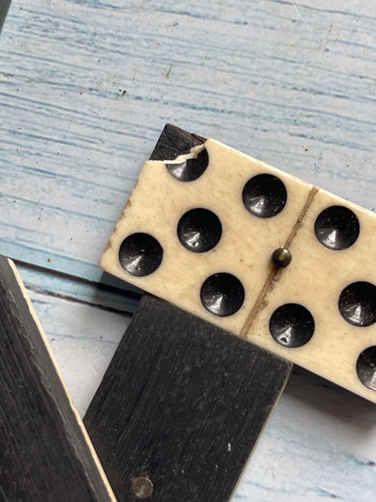 Antique French Bone & Ebony Dominoes – Set of 28 with Brass Pegs – Original Wooden Box