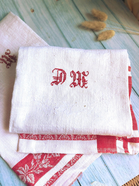 Pair of Vintage French Monogrammed Red and White Linen Torchons / Kitchen Towels